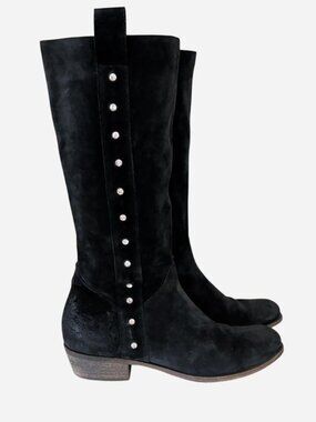Real Leather Black Suede Rhinestone Detail Knee-High Boots Size 40 / US 9.5